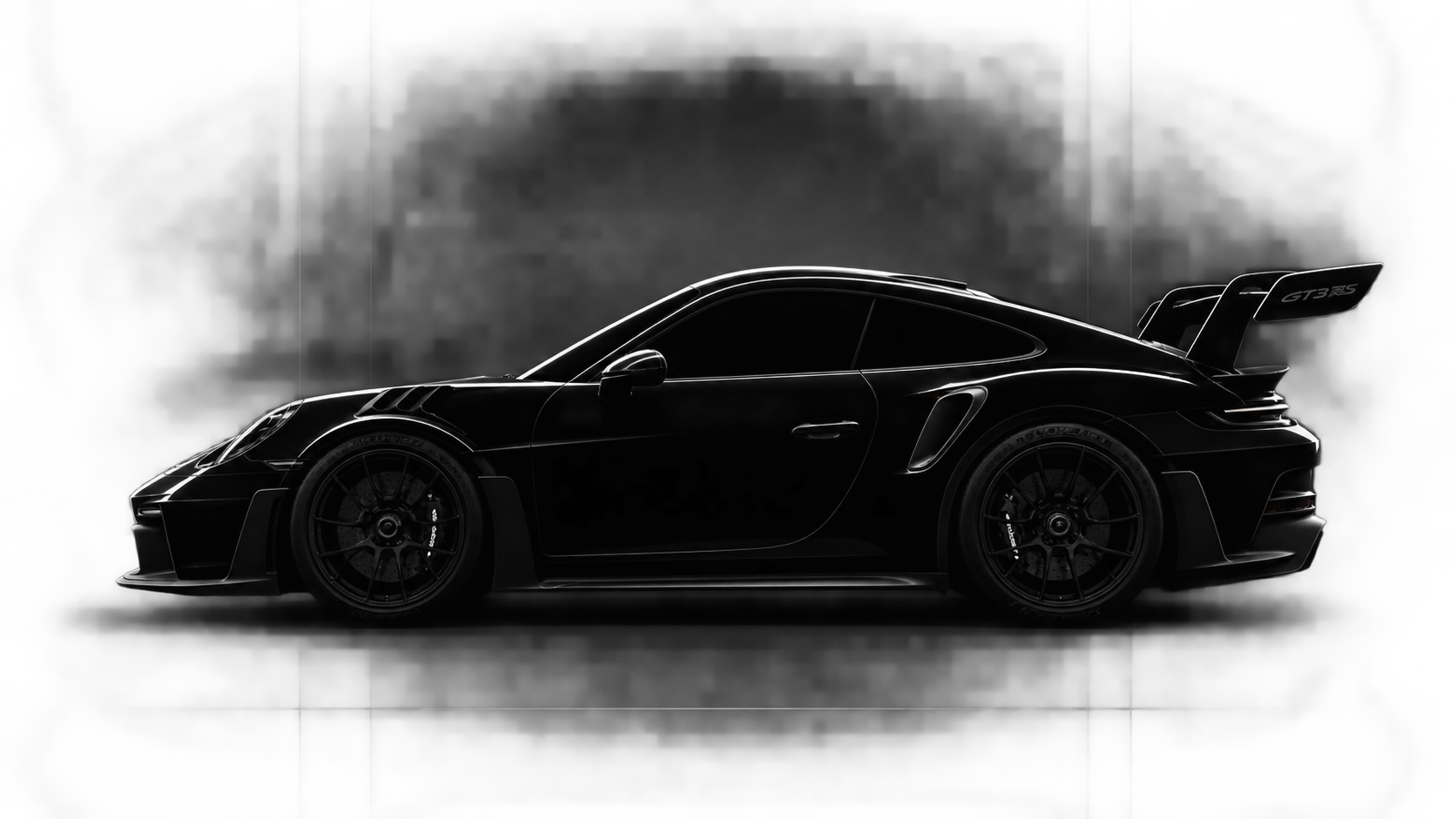 Black GT3 RS-style sports coupe in side profile with silver rim lighting